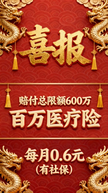 生成十张中国传统节日喜庆风格宣传海报，采用上中下三段式经典版式，最上方用书法大字写着“喜报”，占比约图片1/3，中间文字写着“赔付总限额600万”、“百万医疗险”、下方“每月0.6元（有社保）”，海报预览效果