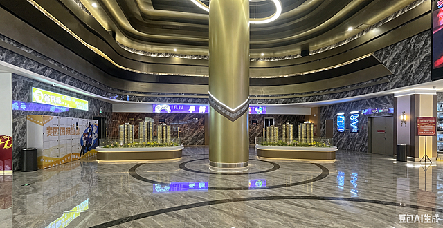 在图片中间圆形金色柱子的后方左右两侧区域，添加两个和原图风格一致的建筑沙盘模型，保持大厅地面材质、灯光效果和整体装修风格不变，左右对称放置