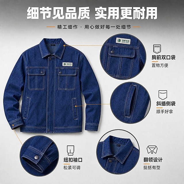 [主图-4] 细节结构展示图，重点展示牛仔工作服的口袋设计、做工细节和实用功能结构。
[统一基调] 专业工装品质风格，深蓝牛仔工业风，背景为浅灰色渐变工业风背景，主标题白色加粗字体，辅助文字深灰色，强调色为橙色，字体为硬朗无衬线粗体，字号层级分明，图标为简约线性工业风图标。
[画面] 画面主体为牛仔工作服上衣的正面平铺/半立体展示，居中偏左位置，清晰展示整体结构。画面右侧和下方分布四个圆形细节放大框：1. 胸前口袋特写（带纽扣翻盖，明线工整），2. 侧缝口袋特写（斜插袋设计），3. 袖口细节（可调节纽扣袖口），4. 领口翻领特写（走线工整）。每个放大框有细引线连接到对应部位。产品占画面约50%。
[光影质感] 商业静物摄影质感，平铺展示光线均匀柔和，牛仔面料纹理清晰，车线工整可见，细节放大框内的结构细节清晰锐利，体现精良做工。
[配色] 主背景浅灰渐变，产品深蓝色牛仔，细节框边框深灰色，标题白色，强调色橙色，整体色调统一。
[文字版式] 顶部主标题：细节见品质 实用更耐用；四个细节放大框旁分别标注文字：胸前双口袋 置物方便、斜插侧袋 顺手好拿、纽扣袖口 松紧可调、翻领设计 挺括有型。文字简洁明了，不遮挡产品细节。
[输出要求] 1:1正方形比例，文字清晰可读，细节清晰，无变形错字，无水印无平台logo，无多余杂乱元素。