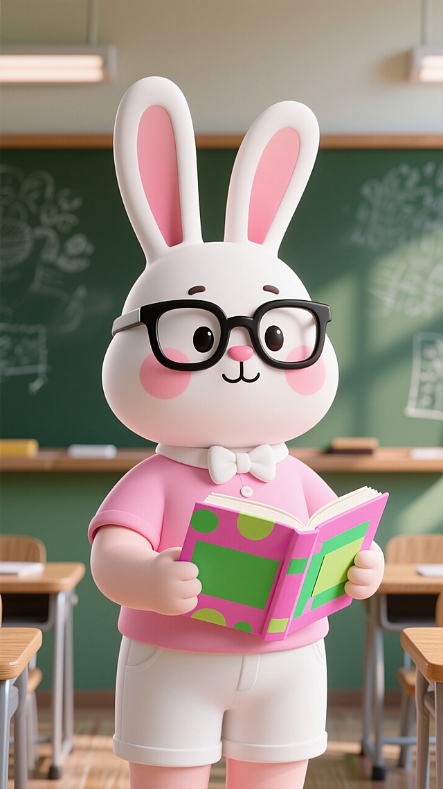 卡通兔子形象的教师角色。兔子体态圆润，戴黑框眼镜、白色领结，穿简约粉色上衣与白色短裤，双颊带腮红，手持书本，表情温和治愈，萌趣，课堂场景