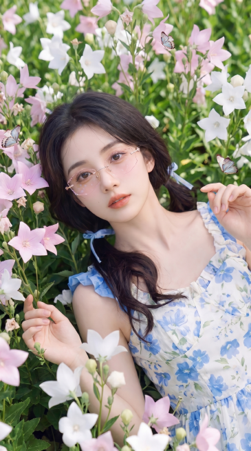 生成9:16比例的女主半身照，姿势为女主躺在粉色和白色桔梗花丛中，周围点缀几只小蝴蝶，女主温柔看着镜头，手部自然摆放，保留女主脸上玫金浅粉色无框眼镜的所有细节不改变，保留女主的发型、蓝白碎花连衣裙和自预览效果