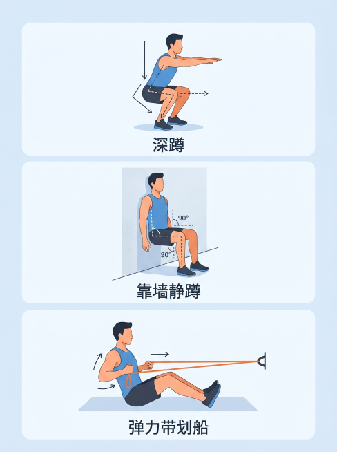 三格健身动作示意图，第一格展示深蹲动作：人物下蹲，膝盖与脚尖方向一致，下方标注"深蹲"；第二格展示靠墙静蹲动作：人物靠墙保持坐姿，下方标注"靠墙静蹲"；第三格展示弹力带划船动作：人物坐姿拉动弹力带，下预览效果