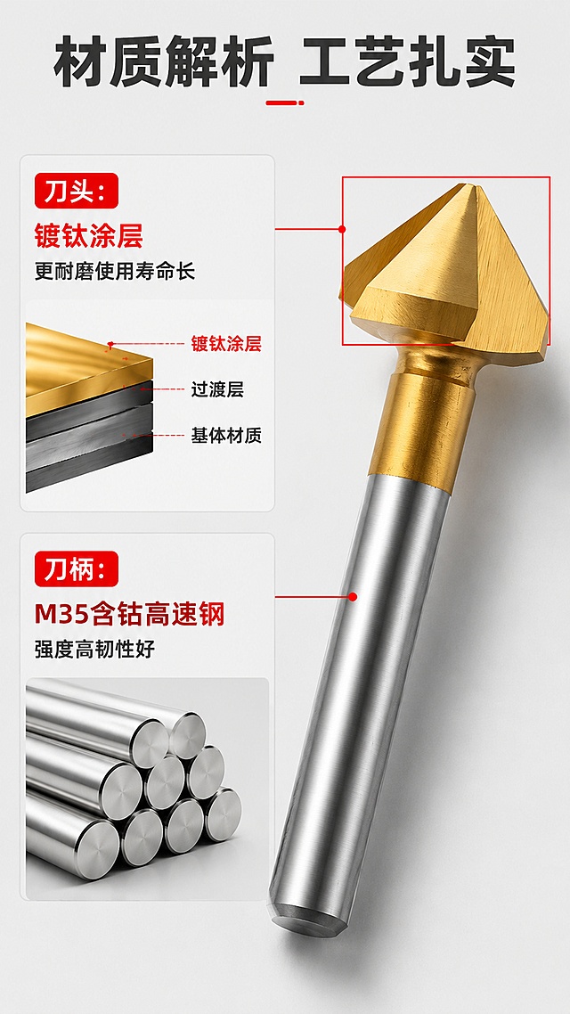 「图片1」，生成详情页，商品名称为含钴倒角刀，适配淘宝/天猫平台，单图比例为9:16，需求屏数为8张。注意加工事项：尺寸选择
按成孔后的1.5倍去选刀,例沉孔后为20mm，即20X1.5=30合适倒角刀为30的。
注意事项
三刃特别锋利适合加工中心等精度高的设备使用，普通台钻可能会出现振刀的现象，三刃严禁使用电钻。
产品名称90°含钴涂层倒角刀(镀钛涂层)
M35含钻高速钢 产品规格产品材质6.3~60MM
夹角
90°
单位支
加工范围碳钢、合金钢、工具钢、铝合金、有色
金属等。
适用范围装配与铣床、钻床、刨床、倒角机等机床上，用于加工工件的90°倒角与锥孔的倒模棱角的
刀具。
