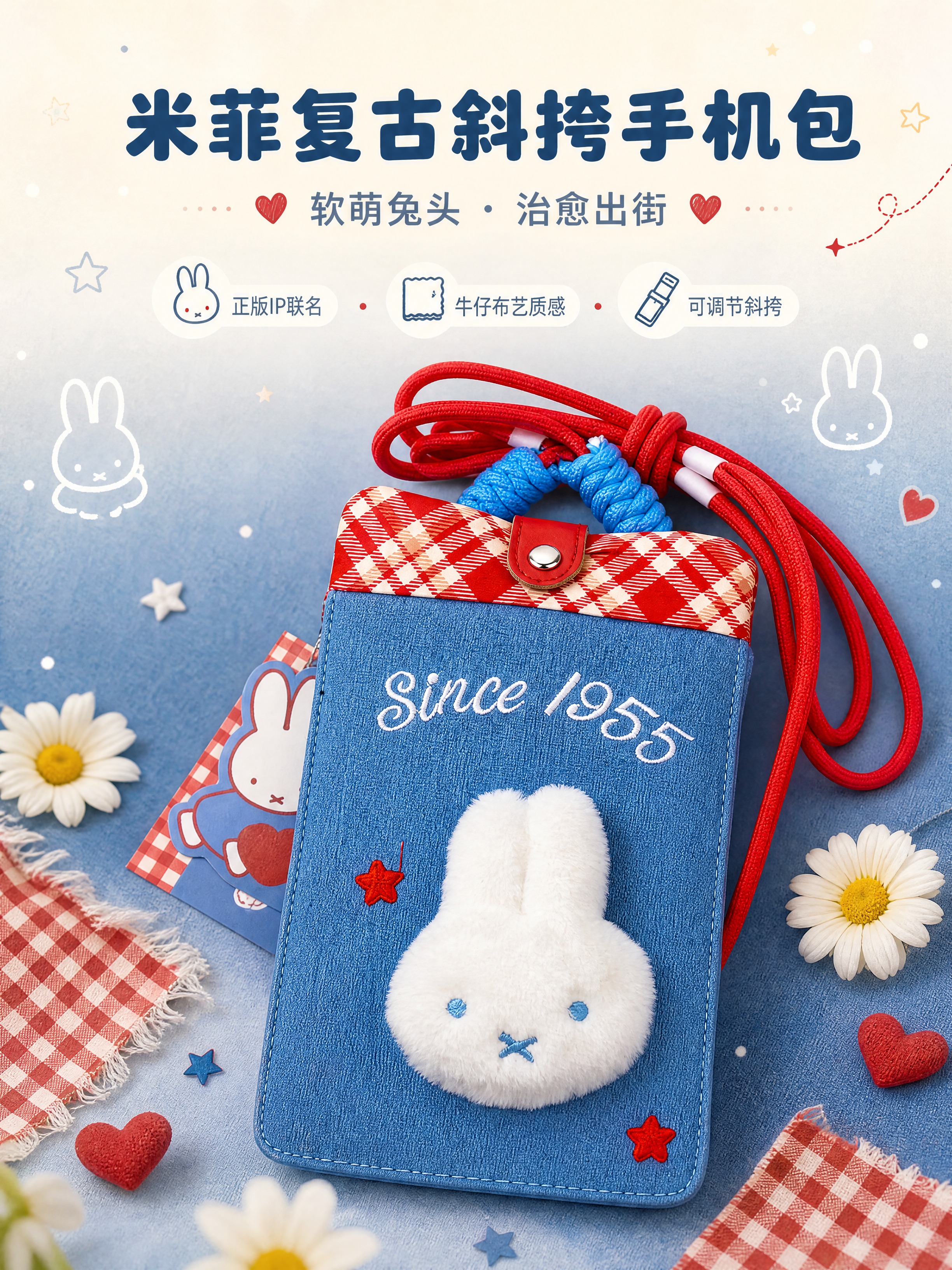 [商品] 使用【图1】米菲牛仔蓝格纹毛绒兔头斜挎手机包；保留牛… - 图片创意预览