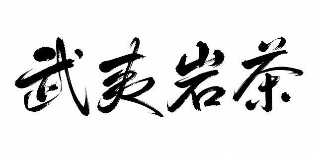 参考图中的毛笔书法字体风格，将「武夷岩茶」四个字改为横向从左到右排列。保持原参考图的粗重浓墨毛笔笔触，笔画粗细对比强烈，飞白自然，笔锋锐利有力，气势雄浑苍劲。纯白色干净背景，去掉底纹、印章、落款、英文等所有装饰元素，只保留纯毛笔书法文字。画面中只能出现这四个字："武"、"夷"、"岩"、"茶"，不得增加、遗漏或替换任何一个字。文字整体必须完整呈现在画面内不可被裁切，四周留有安全边距。