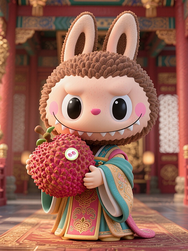 它穿着杨贵妃的衣服，抱着一颗巨大的荔枝，背景宫殿内