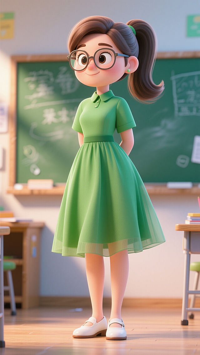 我的英语老师鹅蛋脸，扎着一个马尾辫，身穿绿色短袖连衣裙，戴着一副近视眼镜，脚穿白色平底小皮鞋