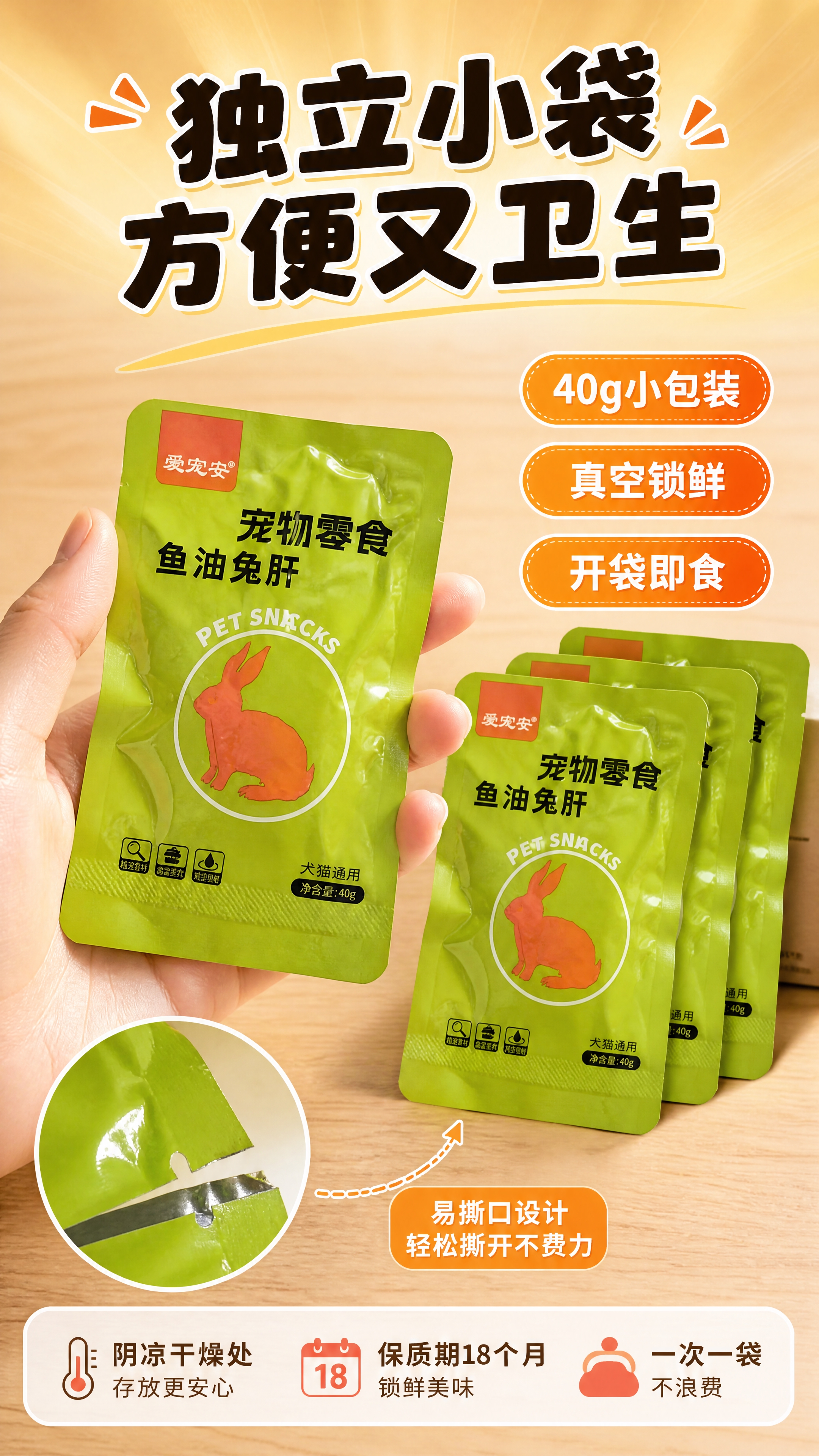 [商品] 使用【图1】爱宠安鱼油兔肝宠物零食绿色包装袋正面；保… - 图片创意预览