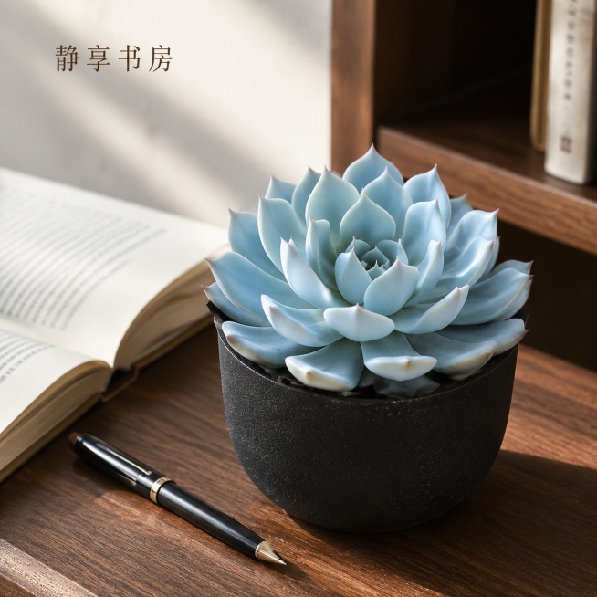 [主图-5] 蓝鸟多肉书房场景展示，简约ins风
[氛围风格] 安静简约书房氛围
[画质] 商业摄影质感、光线柔和通透、产品清晰真实、画面干净高级
[元素] 蓝鸟多肉放置在深原木色书房层架上，旁边放一预览效果