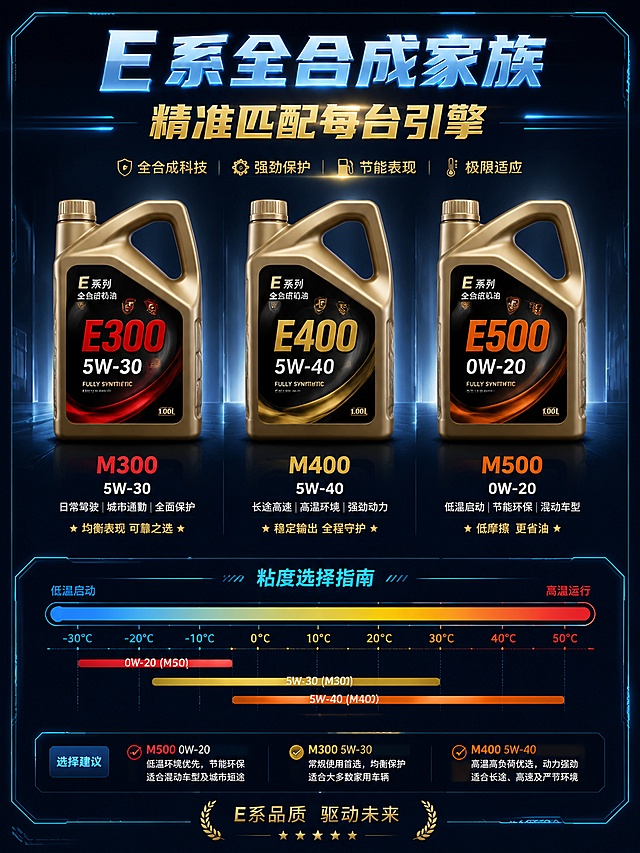 [第7屏] E系家族矩阵-三款产品对比展示与粘度选择指南。
[氛围/风格] 产品矩阵风，深色背景，三款产品并排展示，信息对比清晰。
[元素布局] 画面上半部分三款机油罐并排展示，从左到右：M300（红色E300字体，5W-30）、M400（金色E400字体，5W-40）、M500（橙色E500字体，0W-20），三款产品大小一致，占比各约20%；下半部分为粘度选择指南，有一个粘度等级温度计示意图，从低温到高温标注各型号适用范围。
[光影质感] 三款产品统一打光，罐身有金属高光和反射，底部有投影；背景有微妙的光晕从产品后方发出；整体明亮清晰，突出产品质感。
[配色色系] 全局底色 #0A1628 深蓝黑；主色青蓝色 #00D4FF 框架线条；辅助色红/金/橙 对应各型号字体色，金色 #D4AF37 点缀。
[视角构图] 正面平视，上半部分产品矩阵 + 下半部分选择指南，阅读动线自上而下。
[文字版式] 顶部主标题「E系全合成家族 精准匹配每台引擎」；每款产品下方标注型号、粘度、适用场景三行信息；底部粘度指南配有温度计图示和选择建议文字。
[比例分辨率] 3:4竖版比例，4K分辨率，文字清晰可辨，高清画质。
[负向提示词] 产品变形，三款大小不一致，文字错乱，水印，颜色偏差。