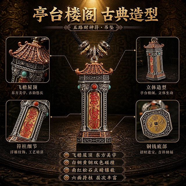 淘宝天猫电商主图，1:1正方形，深色中式场景背景，暗调古风，古铜色金属纹理背景，暖光从顶部打下形成聚光效果。画面主体为五路财神符吊坠多角度组合展示，正面、侧面、顶部飞檐、底部铜钱四个角度小图环绕中心主图，用细线连接标注各部位特色。画面上方大字标题："亭台楼阁 古典造型"，下方分四行卖点："飞檐屋顶 东方美学"、"白铜黄铜双色碰撞"、"南红松石点睛镶嵌"、"六面符柱 层次丰富"。整体深色中式国潮风格，商业产品细节展示质感，不出现包装盒和送礼相关元素。