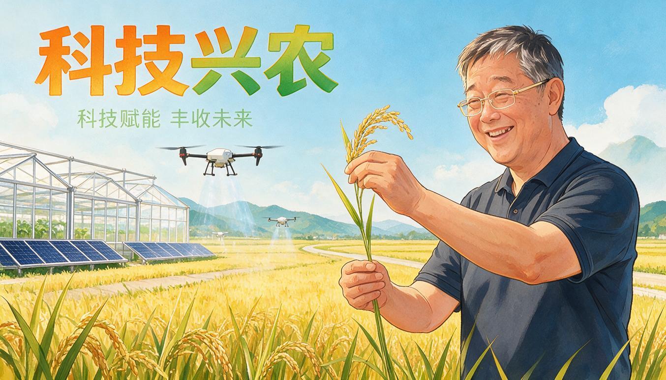 手绘插画风格科技兴农海报，画面最右侧前景是参考图中的中老年男性… - 图片创意预览