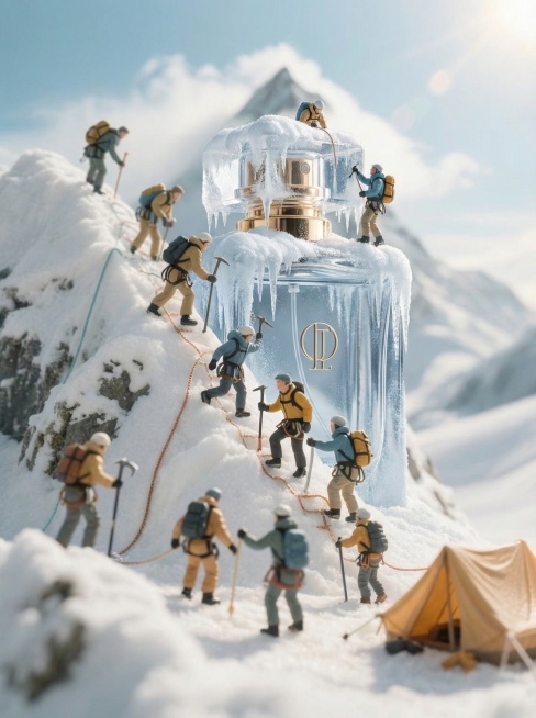 将图2的香水瓶放到图1的雪山场景中，香水瓶被冰雪覆盖，让图1里的小人攀爬在香水瓶上，保证溶图自然和谐预览效果