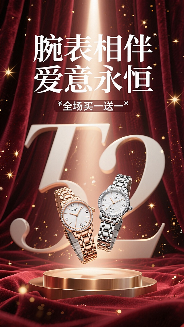 海报采用深邃的勃艮第酒红色背景，犹如天鹅绒幕布。画面中央，一道光束打下，聚焦于一对优雅交叉的男女款奢华腕表。表盘上的钻石与金属细节在光线下熠熠生辉，仿佛悬浮于璀璨星河之中。背景中若隐若现的金色光斑，如同繁星点点。
白色的主标题“腕表相伴 爱意永恒”采用纤细优雅的衬线字体，悬浮于手表上方，与副标题“全场买一送一”形成大小和字重的对比，整体感觉高端、浪漫且充满仪式感。