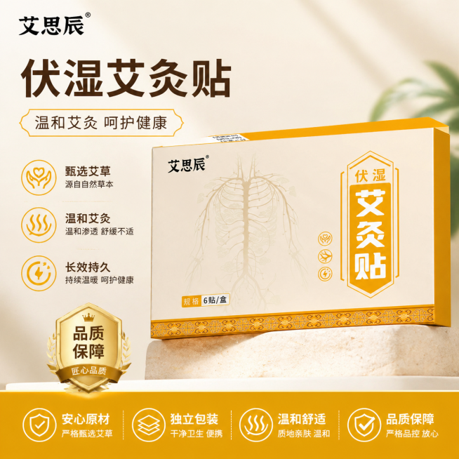 基于原产品图生成一张展示产品细节特写的电商卖货主图，产品是艾思辰伏湿艾灸贴，突出包装盒的3D立体感和文字信息，画面简洁高级，内容丰富，适合电商平台展示预览效果