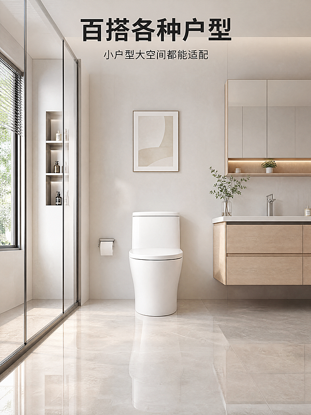 [第5屏] 适配场景展示，普通马桶在现代简约卫生间实景。温馨实景风格，简约现代高级氛围。马桶居中，不改变外观结构，光亮瓷砖地面呈现淡淡镜面倒影。墙面简洁，搭配浅木色简约浴室柜，空间干净温馨，突出产品百搭。自然光柔和，空间层次清晰，倒影自然真实。整体浅灰白为主，浅木色点缀，保持风格统一。全景展示视角，产品空间中心，突出搭配效果。顶部主标题"百搭各种户型"，副标题"小户型大空间都能适配"，文字放顶部不遮挡主体。3:4竖版，4K分辨率。负向提示：空间杂乱，产品变形，颜色突兀，倒影过重，水印