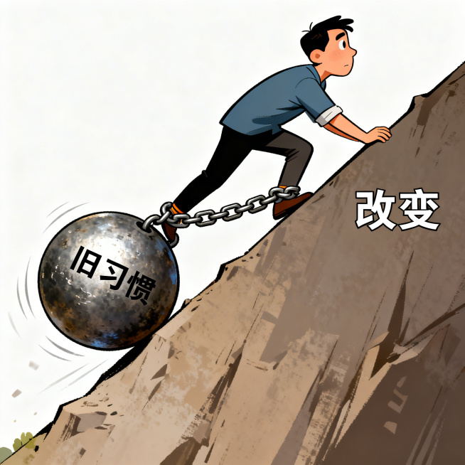 创意插画风格，画面中一个人正努力向上攀登代表“改变”的陡峭斜坡，他的脚踝上被粗大的铁链拴着一个沉重的金属球，金属球上写着“旧习惯”字样，金属球因重力不断向下坠，将攀登的人向后拉扯，人物前倾身体表情费力预览效果
