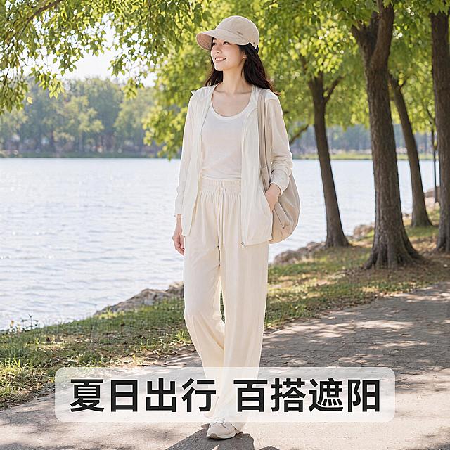 [主图-5] 适用场景补充图，米杏色防晒遮阳帽全景展示。[氛围风格] 简约户外场景，干净清爽。[画质] 商业摄影质感、光线柔和通透、产品清晰真实、画面干净高级。[元素] 和主图1同一位亚洲女模特，保持穿搭一致，模特站在湖边树荫下，整体展示佩戴帽子的全身效果，突出帽子和夏日穿搭的适配性。保持帽子外观、物理结构、材质质感、颜色与输入产品图绝对一致，杜绝任何变形和色差，精细化处理。背景为湖边树林和水面，开阔清新。商品主体占比合理，画面满屏无边框。[光影] 柔和树荫下的自然光，光影自然，整体清新干净。[配色] 主色调米杏、浅米白，搭配自然绿色和蓝色水面，清新舒适。[视角构图] 全身中景，平视角度，人物完整不裁切。[文字版式] 画面底部简洁主文案：夏日出行 百搭遮阳，浅色半透明底深色文字，不遮挡人物主体。[比例分辨率] 1:1比例，4k分辨率，文字清晰锐利，画面超高清。[负向提示词] 变形，水印，文字错乱，产品图模糊，背景杂乱。