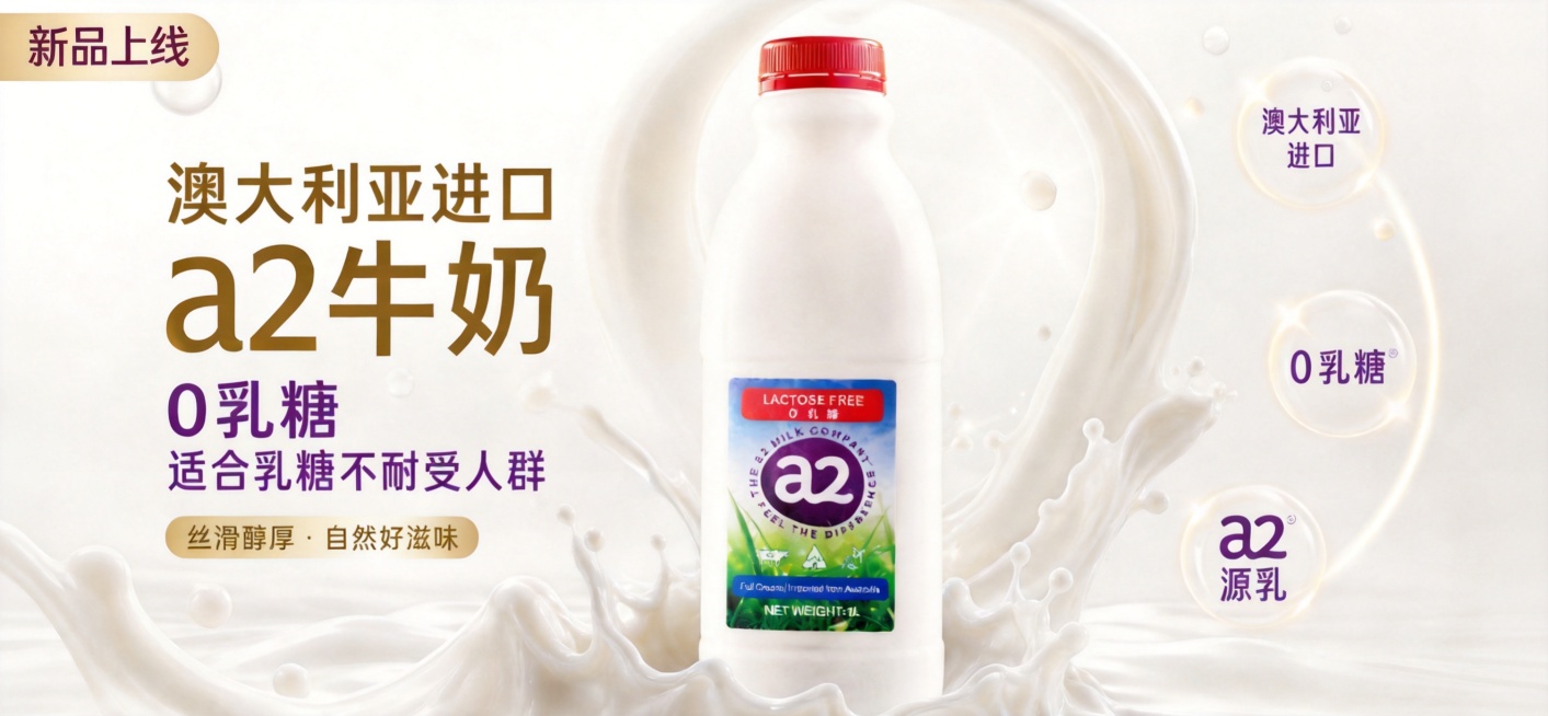 在图片左上角添加新品上线小标签，调整尺寸为1404*650，保留原澳大利亚进口0乳糖牛奶和丝滑牛奶效果，干净背景预览效果