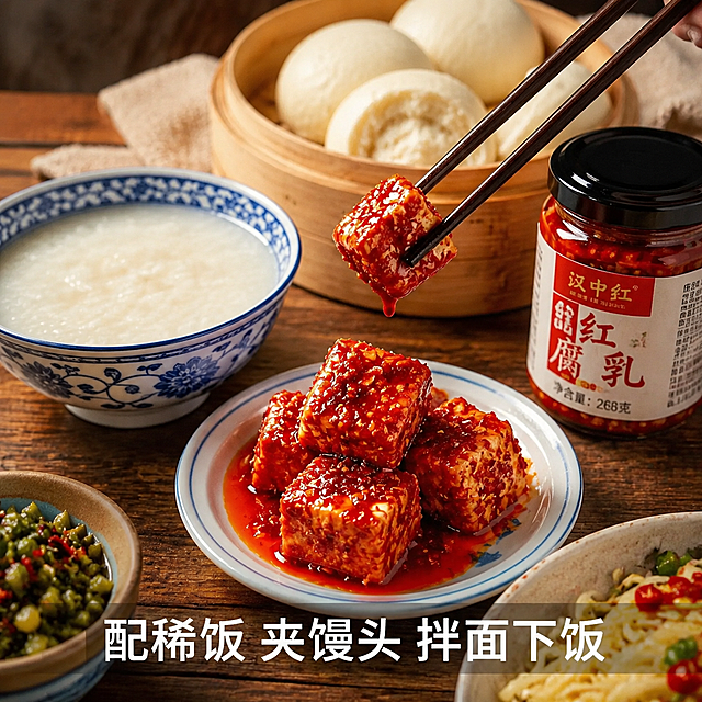 使用电商主图技能生成5张比例1:1的电商主图，适配平台为拼多多，商品为「图片1」「图片1」「图片1」，商品卖点为重道石泉红腐乳，陕南石泉非遗特产，传承传统古法自然发酵。腐乳松软细腻，裹满香辣香料，豆香浓郁，咸辣适口。固形物≥70%，整块豆腐分量足。密封玻璃瓶装，开瓶即食，配稀饭、夹馒头、拌面下饭都合适。地道陕南农家风味，家常佐餐必备香辣腐乳。，风格：陕南乡土农家烟火风