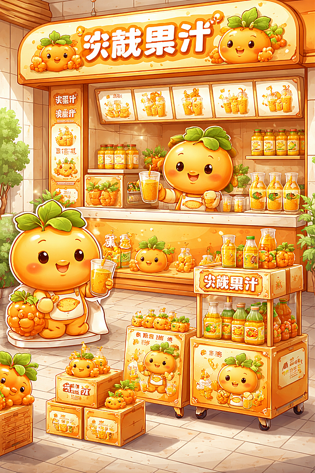 沙棘饮品IP场景延伸设计，展示IP形象在饮品店内和线下推广场景，包含店铺装饰和产品展示，统一可爱风格和橙色调