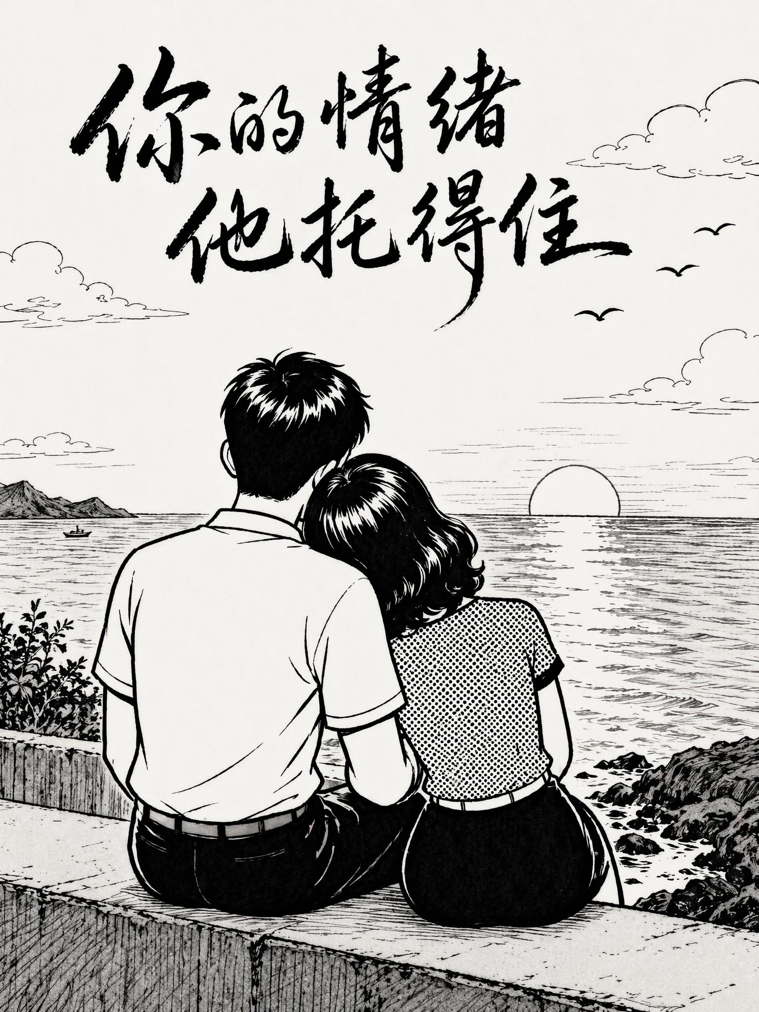 修改该图：保留一个男子和一个女子互相依靠看着海边夕阳的构图，仅… - 图片创意预览
