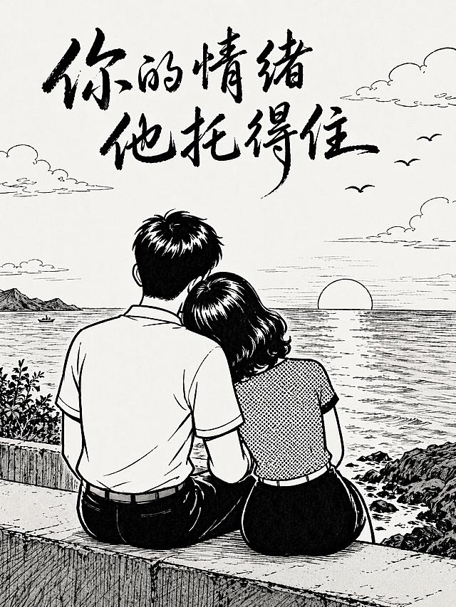 修改该图：保留一个男子和一个女子互相依靠看着海边夕阳的构图，仅使用老夫子港式黑白漫画的绘画风格，不要使用老夫子或大番薯的人物形象，去掉木牌和上面的大番薯文字，保持文案你的情绪他托得住为黑色草书