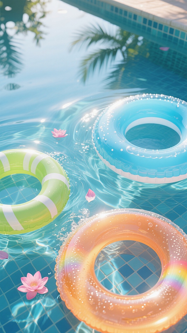 俯视角构图，夏日午后阳光斜照的泳池水面，三个半透明的彩色游泳圈在波纹中轻轻旋转：右上角是巨大的天蓝色游泳圈，边缘泛着珍珠白的光晕；左下角的薄荷绿游泳圈带有三条白色螺旋条纹，正随着水波微微倾斜；右下角的小尺寸橙色游泳圈表面有细密的气泡纹理，阳光透过形成彩虹光斑投射在池底的马赛克瓷砖上，水面漂浮着几片粉色睡莲花瓣，远处泳池边缘有模糊的棕榈树倒影，整体色调是清透的冰蓝与柠檬黄交织，充满玩水时飞溅的动感和清凉的夏日气息。