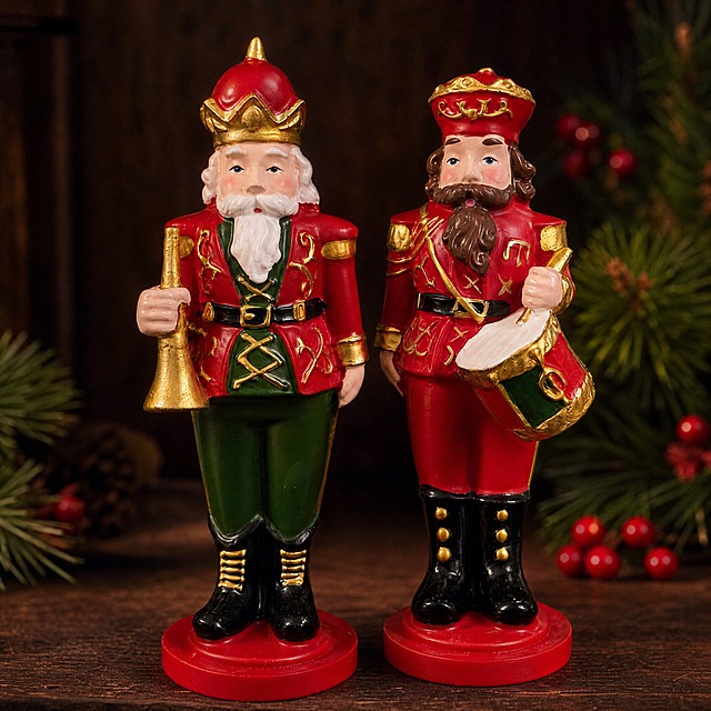Close-up detail shot of two resin nutcracker soldier figurines side by side on a dark wooden shelf, showcasing hand-painted details and resin material texture. Warm directional side lighting highlights the gold trim, facial features, uniform patterns, and smooth resin surface. Soft bokeh background with subtle Christmas decoration elements like pine needles and red berries out of focus. The two nutcracker figurines must retain their exact appearance, colors, proportions and resin material from the reference image: left one with white beard, red and green uniform, golden crown hat, holding golden trumpet; right one with brown beard, all red uniform, red hat with gold trim, holding red-green drum. Product detail photography, high detail texture, shallow depth of field, premium quality feel, e-commerce detail image. 1:1 square composition, no text, no watermark, no logo.