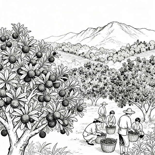 黑白线稿风格插画，一片杨梅树，树上结满饱满的杨梅果实，远处是一丛一丛的山峦，近处有几个人正在采摘杨梅，线条干净清晰，纯白色背景