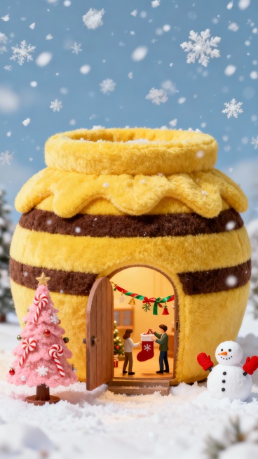 中心是一个蜂蜜罐形状的巨型卡通房子，材质为亮黄色绒布，带有深褐色条纹。罐口处敞开作为房门，内部可见微型小人正在装饰迷你圣诞袜和彩带。房子左侧空地上立着一棵挂满糖果的粉色圣诞树，右侧有一个戴红色手套的雪预览效果