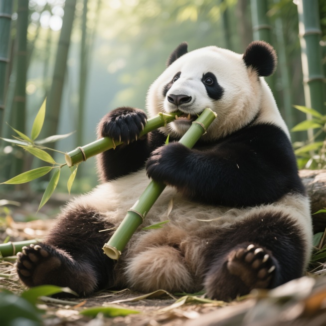 一只可爱的大熊猫，身体平躺，四肢放松，双手抱着一根翠绿的竹子正在啃食，背景是竹林，阳光柔和，画面温馨治愈预览效果