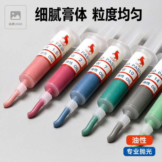 [主图-3] 研磨膏细节展示图
[氛围风格] 专业磨具，细节清晰
[画质] 高清微距，精修质感，颗粒细腻清晰
[元素] 基于原图产品，特写针管出口部分，展示膏体细腻质地和标签印刷细节，保留产品原有颜色预览效果