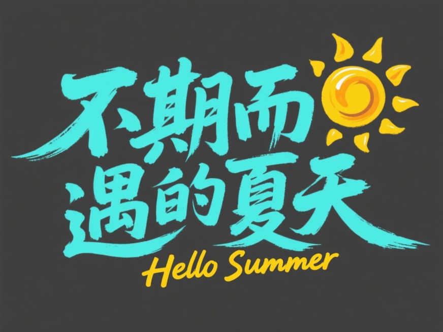 中国书法风格的“不期而遇的夏天”艺术字设计，以清爽的蓝绿色为主色调，搭配明亮的黄色太阳图案，保留原有的流畅毛笔笔触质感和手写体“Hello Summer”英文装饰，整体构图疏密有致，营造出夏日清凉舒适的氛围，适合电商平台夏季促销活动使用的标题设计元素。预览效果