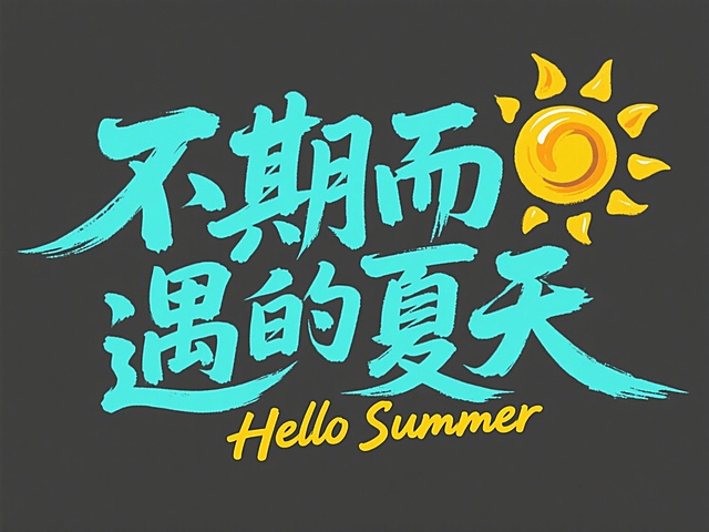 中国书法风格的“不期而遇的夏天”艺术字设计，以清爽的蓝绿色为主色调，搭配明亮的黄色太阳图案，保留原有的流畅毛笔笔触质感和手写体“Hello Summer”英文装饰，整体构图疏密有致，营造出夏日清凉舒适的氛围，适合电商平台夏季促销活动使用的标题设计元素。