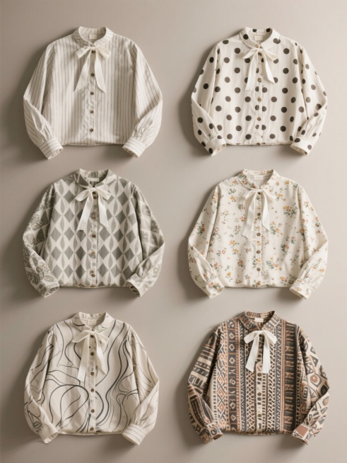 6款不同花纹的宽松版型衬衫系列素材集合，均为立领设计，前襟单排扣，长袖带袖口，领口处有白色飘带蝴蝶结装饰，整体平铺展示于柔和的莫兰迪色系纯色背景上。每款衬衫花纹各异：1. 简约细条纹，2. 复古波点，3. 几何菱形格，4. 小碎花图案，5. 抽象线条，6. 民族风图腾。所有衬衫规整排布，清晰的服装摄影风格，突出服装宽松的版型和细节，光线均匀柔和，阴影自然，衬衫材质呈现出轻薄透气的质感，整体构图……预览效果