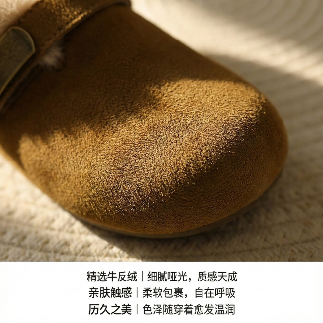 视觉： 极近距离特写鞋面的牛反绒材质。采用侧光或逆光拍摄，清晰凸显出细腻、均匀的绒面质感与独特的哑光光泽。可以展示绒毛在不同角度下的色泽变化，传递出温暖的触觉联想。

文案标签（小字标注，理性而精准）预览效果