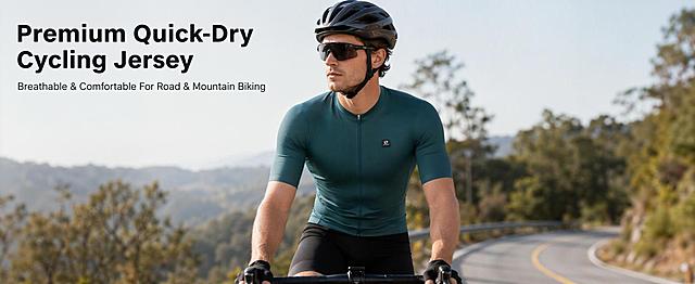 [第1屏] This screen is the A+ detail page hero image for a teal professional cycling jersey. This screen uses 【图1】 as the product main body.
[氛围/风格] Realistic outdoor cycling scene, minimalist professional commercial photography style, high-definition texture.
[元素布局] Place a male Caucasian cyclist wearing the teal cycling jersey in the center, the product accounts for about 65% of the entire screen. Natural outdoor cycling path in the background, blurred distant trees. Ensure the jersey structure, color, and zipper detail matches the input product image. Keep product shape and proportion natural.
[光影质感] Soft natural side lighting, soft projection, enhances fabric texture, clear layering, product looks three-dimensional and real.
[配色色系] Global background color #e8f0f2, main color teal product, auxiliary color natural green vegetation, text color dark grey.
[视角构图] Medium-long shot at eye level, cyclist is the visual center, reading flow from top title to center product to bottom information.
[文字版式] Layout: Top main title, center product, bottom subtitle. Main title: 'Premium Quick-Dry Cycling Jersey', subtitle: 'Breathable & Comfortable For Road & Mountain Biking'. Main title is bold sans-serif with each major word capitalized, text clear and legible, does not cover the product body.
[比例分辨率] 1464:600 (97:30) 4K resolution, high definition, clear text.
[负向提示词] product deformation, color deviation, wrong structure, blurry product, messy background, distorted text, Chinese characters, price, discount, misleading promotion.
