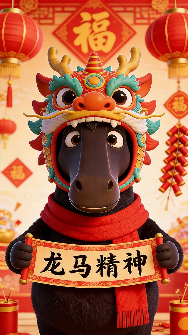 软3D风格的拟人马头戴龙舞面具，手持“龙马精神”春联，融合国潮元素与卡通感，喜庆氛围浓厚，毛发生长细节生动，尽显春节节日魅力。