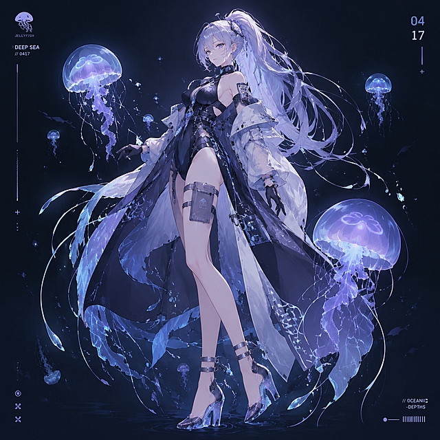 深海主题成年女性机能风服装，使用发光水母深海元素，差异化设计，保留简洁二次元插画风格，参考第一张图画风