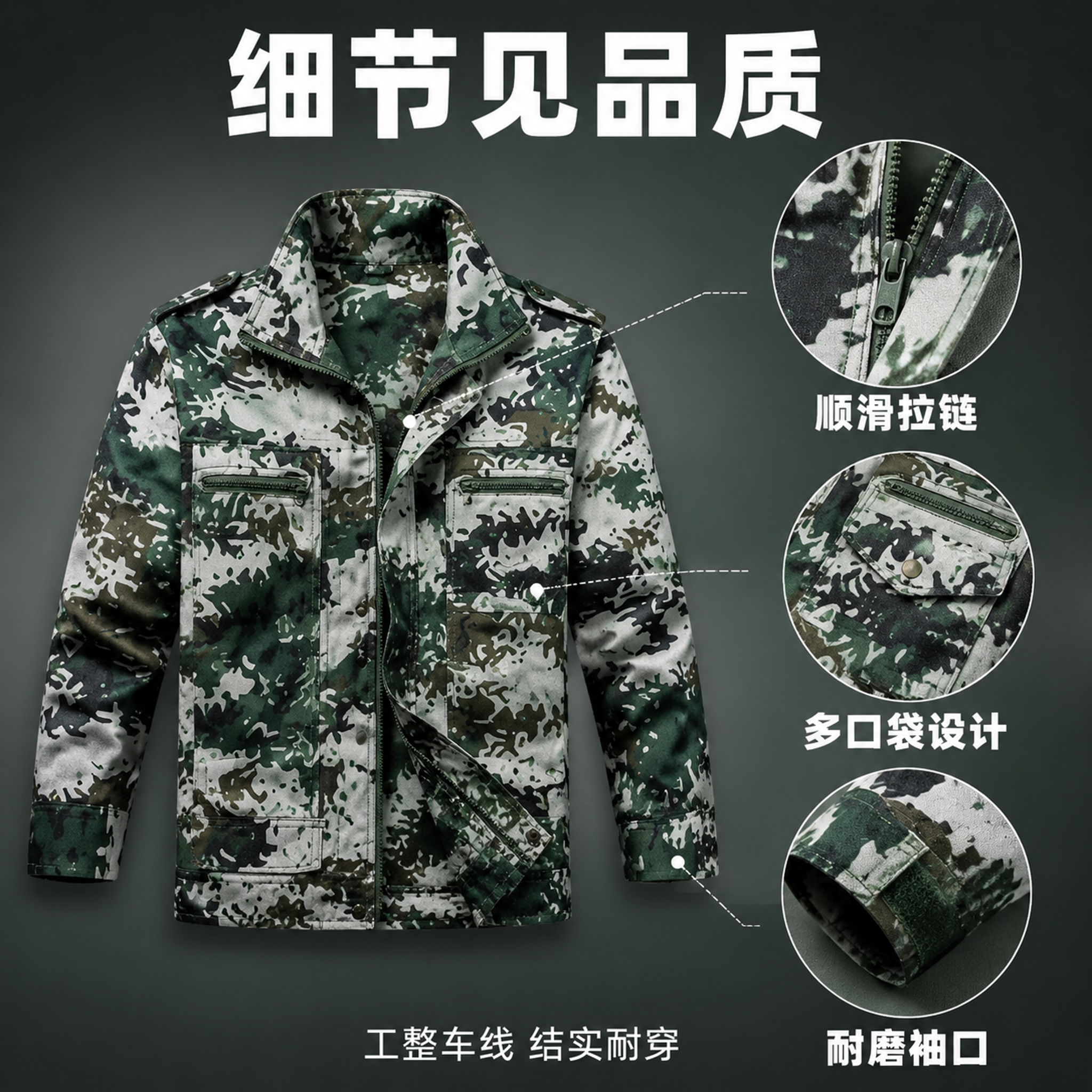 [主图-4] 迷彩服套装细节做工特写展示图。 [氛围风格] 专… - 图片创意预览