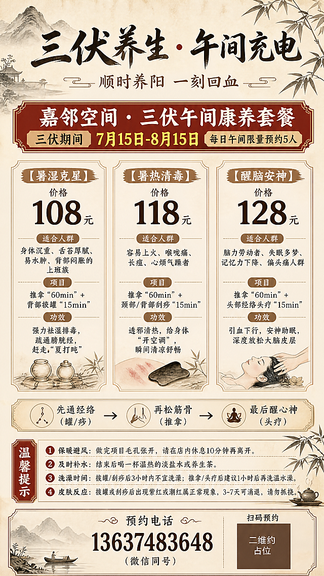 新中式禅意国风三伏养生康养套餐价目海报，整体采用淡雅米黄宣纸底，搭配浅墨山水和竹枝装饰，风格古朴雅致。画面顶部主标题大字"三伏养生 · 午间充电"，副标题"顺时养阳 一刻回血"，主标题下方是活动信息"嘉邻空间 · 三伏午间康养套餐 三伏期间 7月15日-8月15日 每日午间限量预约5人"，将该行文字做的更突出显眼。主体分为三栏，清晰展示三款套餐信息，每栏标注套餐名称、价格、适合人群、项目和功效，价格数字用深色加粗突出展示：
1.【暑湿克星】价格"108元"，适合人群：身体沉重、舌苔厚腻、易水肿、背部闷胀的上班族，项目：推拿"60min" + 背部拔罐"15min"，功效：强力祛湿排毒，疏通膀胱经，赶走"夏打盹"
2.【暑热清毒】价格"118元"，适合人群：容易上火、喉咙痛、长痘、心烦气躁者，项目：推拿"60min" + 颈部/背部刮痧"15min"，功效：透邪清热，给身体"开空调"，瞬间清凉舒畅
3.【醒脑安神】价格"128元"，适合人群：脑力劳动者、失眠多梦、记忆力下降、偏头痛人群，项目：推拿"60min" + 头部经络头疗"15min"，功效：引血下行，安神助眠，深度放松大脑皮层
三栏下方标注流程文字：先通经络（罐/痧）→ 再松筋骨（推拿）→ 最后醒心神（头疗），再往下是温馨提示区块，完整列出四条温馨提示：1.保暖避风：做完项目毛孔张开，请在店内休息10分钟再离开。2.及时补水：结束后喝一杯温热的淡盐水或养生茶。3.洗澡时间：拔罐/刮痧后3小时内不宜洗澡；推拿/头疗后建议1小时后再洗温水澡。4.皮肤反应：拔罐或刮痧后出现紫红或潮红属正常现象，3-7天可消退，请勿抓挠。海报最底部展示预约信息：预约电话"13637483648"（微信同号），下方标注"扫码预约"和纯色二维码占位块，方块中央标注"二维码占位"文字，严禁生成任何可识别的二维码图案。整体排版分区清晰，文字全部清晰可读，配色采用浅棕、赭石、墨色，符合中式养生禅意氛围，版式精美，画面比例9:16。
画面中必须完整呈现以上所有文案信息，画面中所有数字必须精确渲染，不得错位、遗漏或编造。