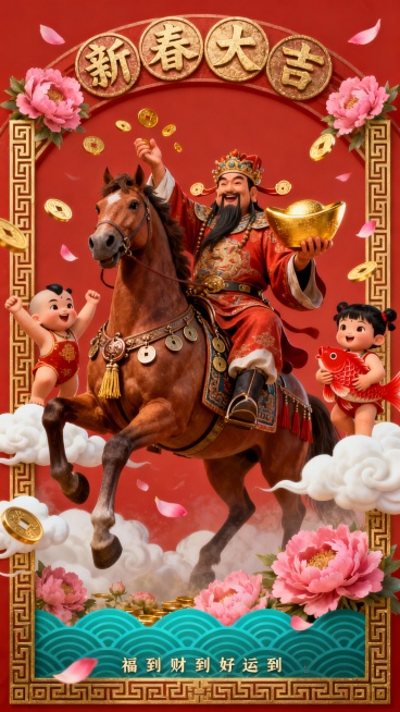 生成四组海报。中国风电影海报，专为 2026 年中国农历新年（马年）而作。画面中央，健壮的财神爷骑着一匹威仪不凡的骏马。财神爷左手欢快地握着一块硕大的金锭，右手则抛撒着金币。骏马的鞍具上装饰着流苏和铜预览效果