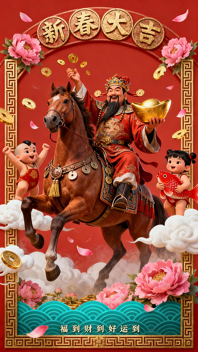 国潮风3D重拟物设计，融合中式浮雕与鎏金元素，卡通财神骑马腾云，喜庆祥瑞，新春大吉氛围浓厚。