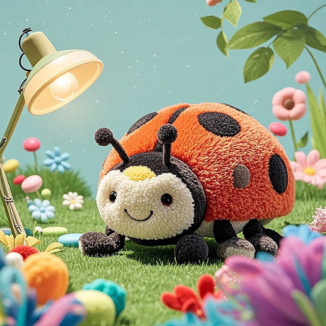 3D卡通风格，拟人化毛茸茸瓢虫在花丛中微笑，温馨可爱，春日氛围浓厚。