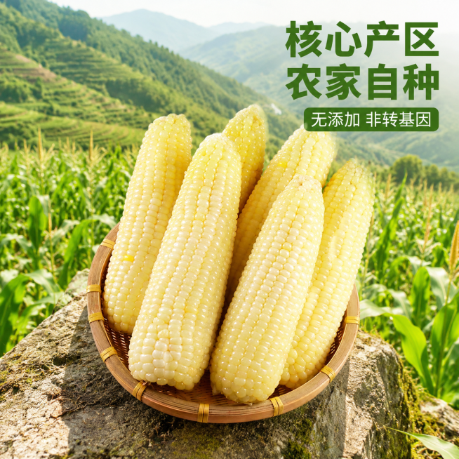 [主图-2] 四川高山糯玉米产地溯源图
[氛围风格] 真实产地自然风，新鲜可信
[画质] 商业摄影质感、光线柔和通透、产品清晰真实、画面干净高级
[元素] 保持四川高山老品种糯苞谷外观（物理结构、材质预览效果