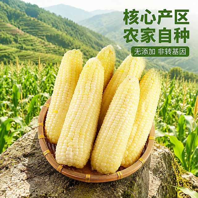 [主图-2] 四川高山糯玉米产地溯源图
[氛围风格] 真实产地自然风，新鲜可信
[画质] 商业摄影质感、光线柔和通透、产品清晰真实、画面干净高级
[元素] 保持四川高山老品种糯苞谷外观（物理结构、材质质感、颜色）与输入产品图绝对一致，杜绝任何变形和色差，精细化处理。前景摆放完整糯玉米，背景融入四川高山梯田玉米种植基地实景，层层绿色山地，阳光洒落。商品主体占比严格控制在60%-80%之间，画面满屏无边框
[光影] 正午自然光，明亮通透，突出玉米奶白饱满质感和产地青山绿意
[配色] 主色调山林翠绿+玉米奶白，自然清新，突出产地优势
[视角构图] 俯视结合前景特写，远景展现高山梯田产地风貌，景深效果
[文字版式] 右上负空间，大字文案"核心产区
农家自种"，深绿色粗体字，下方小字号标注"无添加 非转基因"，绿色背景白字小标签，清晰不挡主体
[比例分辨率] 1:1 比例，4k 分辨率，文字清晰锐利，画面超高清
[负向提示词] 变形，水印，文字错乱，产品图模糊，背景杂乱