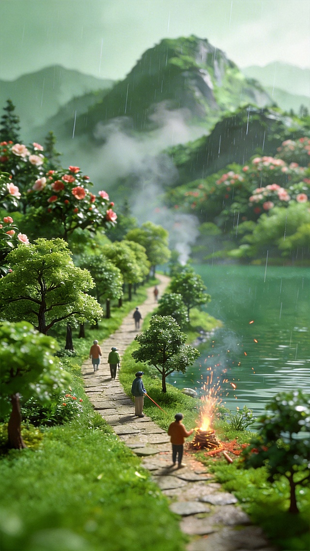 去掉画面左下角的墓碑，修补该处的草地背景，保持整体微缩艺术风、3D绿色系自然景观风格，画面依然清新自然