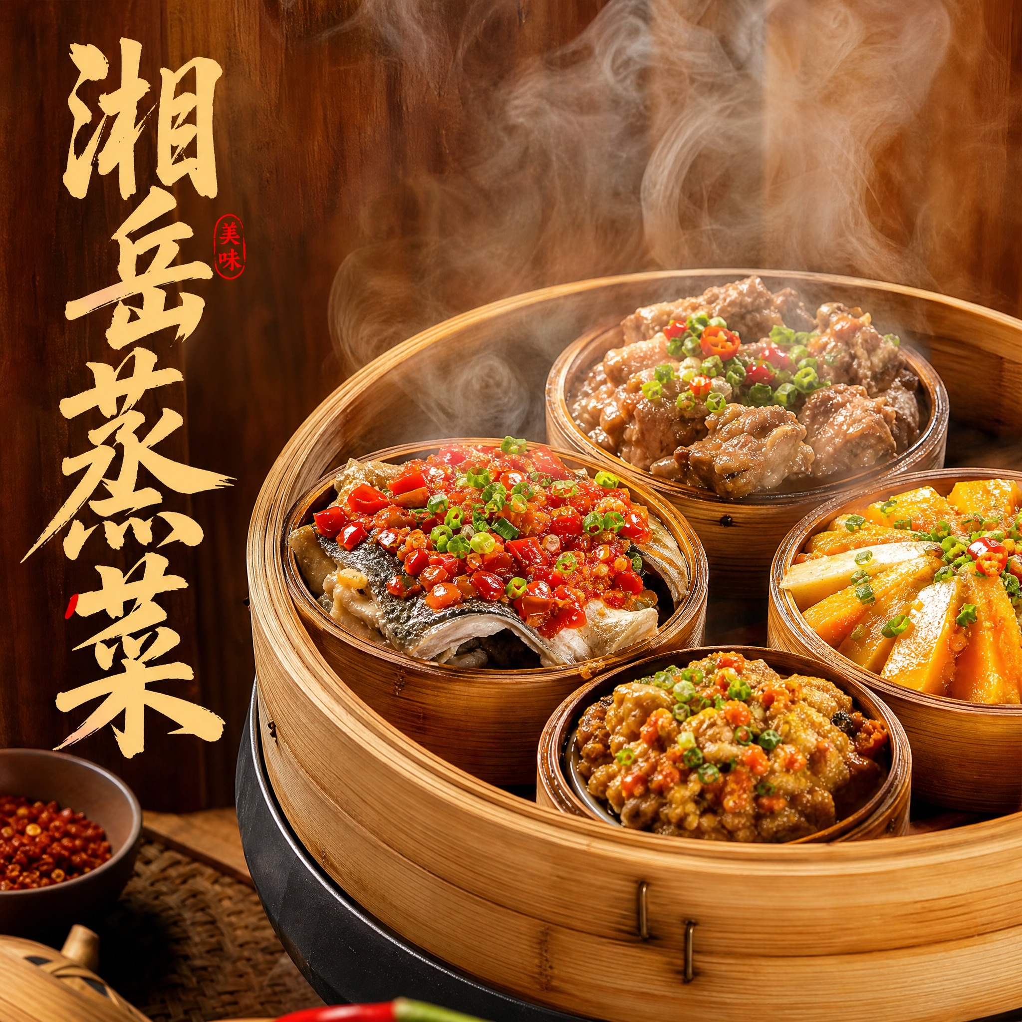湘岳蒸菜餐厅头像设计，真实美食摄影风格，画面中央是一笼热气腾腾… - 图片创意预览