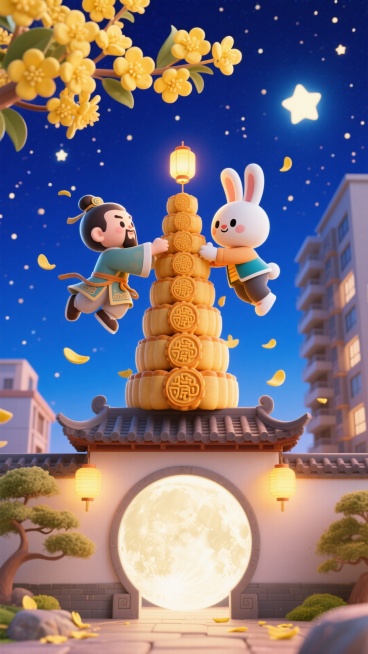 空中 Q 版吴刚和 Q 版玉兔一起搭月饼塔，塔尖插着小灯笼，旁边飘着桂花花瓣，下方是中式庭院月亮门与现代公寓楼相邻，背景是布满星星的深蓝色夜空预览效果